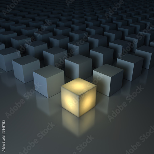 Stand out from the crowd   Different creative idea   Leadership concepts   One glowing yellow light cube among dim cubes on dark grey background with reflections and shadows . 3D rendering.