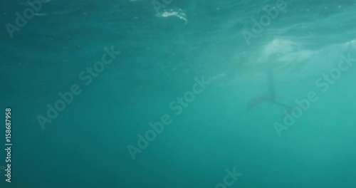Underwater view of hydrofoil surfboard gliding through water photo