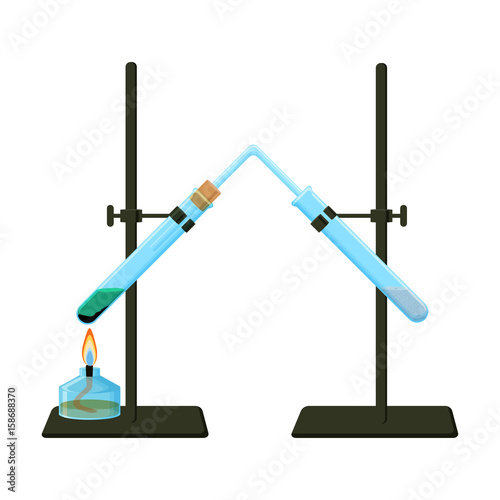 Chemical experiment with two tripods holding test tubes and alcohol burner.