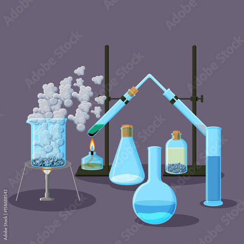 Chemical equipment and experiments abstract background on purple.