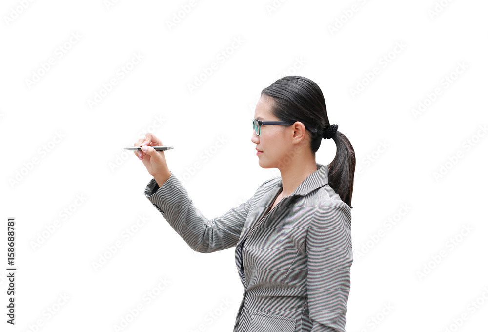 Young Business woman using pen writing on air isolated on white background. Young Business woman using pen writing on air isolated on white background.