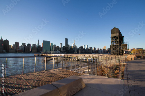 Transfer bridges, support gantries, and piers at Gantry Plaza State Park and Manhattan city photo