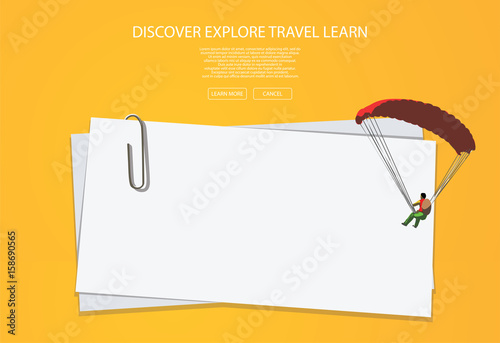 traveler on parachute flying near blank letter and paper clip
