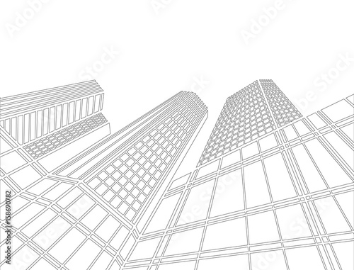 Perspective 3d Wireframe of building