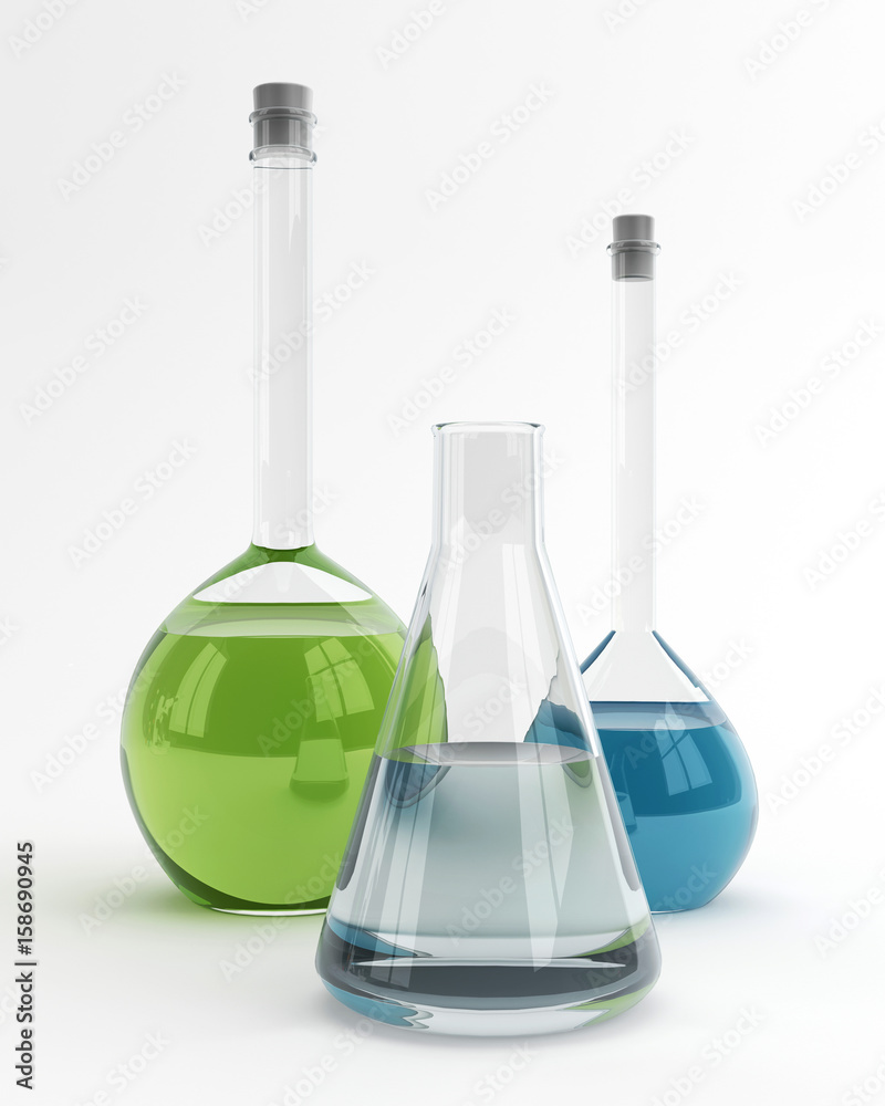 Flasks with liquids on white background. 3D rendering