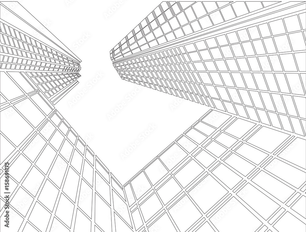 Perspective 3d Wireframe of building