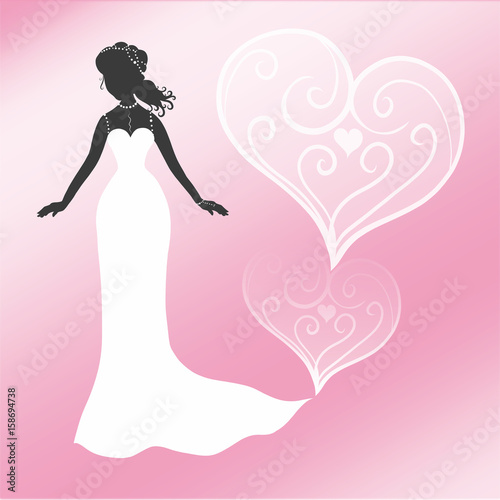Elegant bride on a pink background with patterned hearts 
