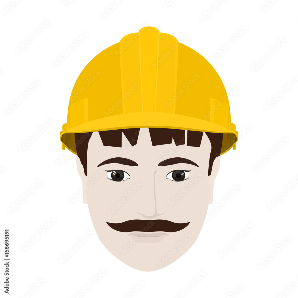 Working Man in a Hard Hat, Man's Face with a Mustache in Yellow Safety Helmet on White Background , Vector Illustration Working Man in a Hard Hat, Man's Face with a Mustache in Yellow Safety Helmet on White Background , Vector Illustration