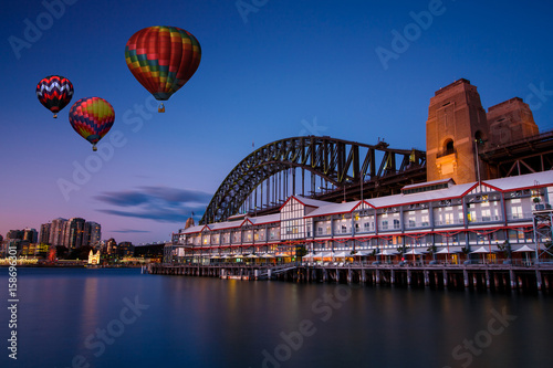 Hot air balloon over Sydney bay in evening, Sydney, Australia photo