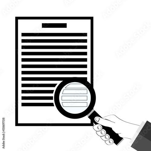 A hand with a magnifying glass looks at the document