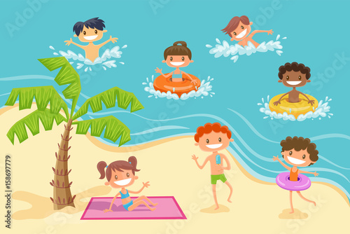 Funny children playing at the beach. Summer time background. Vector illustration. © insemar