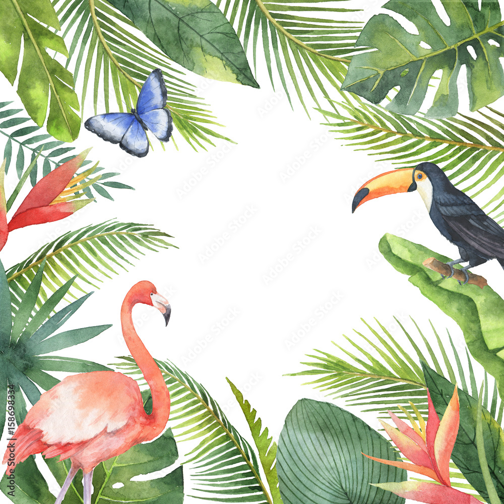 Fototapeta Watercolor frame of tropical birds and exotic plants isolated on white background.
