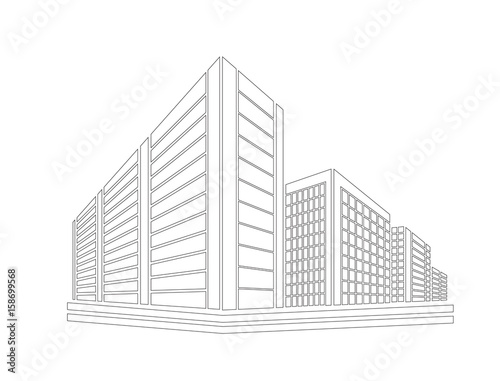 Perspective 3d Wireframe of building