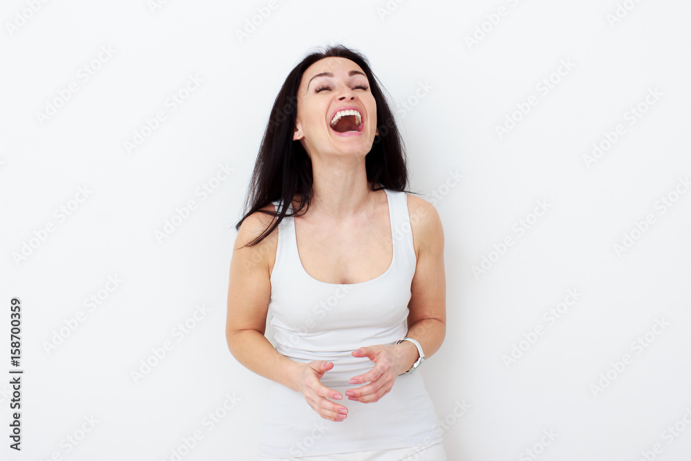 Happy woman Laughing. Closeup portrait woman smiling with perfect smile and white teeth Happy woman Laughing. Closeup portrait woman smiling with perfect smile and white teeth