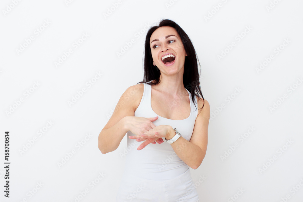 Happy woman Laughing. Closeup portrait woman smiling with perfect smile and white teeth Happy woman Laughing. Closeup portrait woman smiling with perfect smile and white teeth