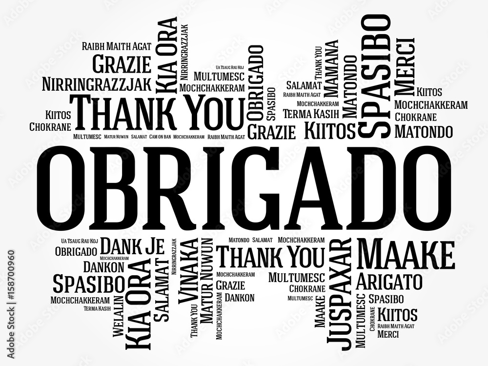 Obrigado (Thank You in Portuguese) Word Cloud background, all languages, multilingual for education or thanksgiving day