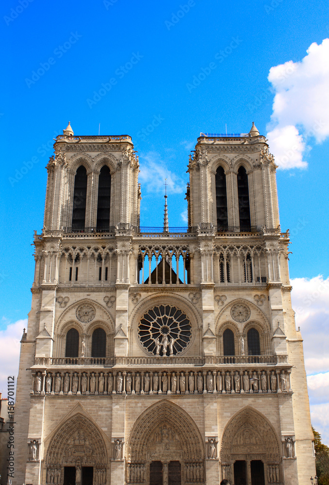 Facade of famous Cathedral of Notre Dame de Paris, France