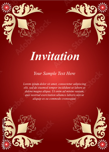 Invitation card, wedding card with golden ornamental on red background