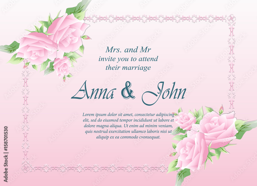 Wedding card, Invitation card with rose flower on pink background