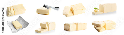 Collage of butter on white background