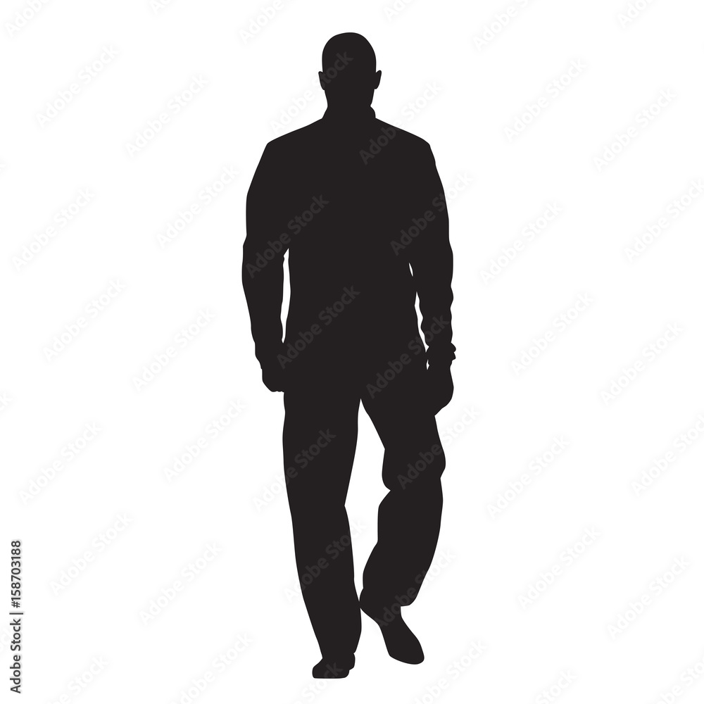 Athlete walking in tracksuit and anorak, front view, man vector silhouette