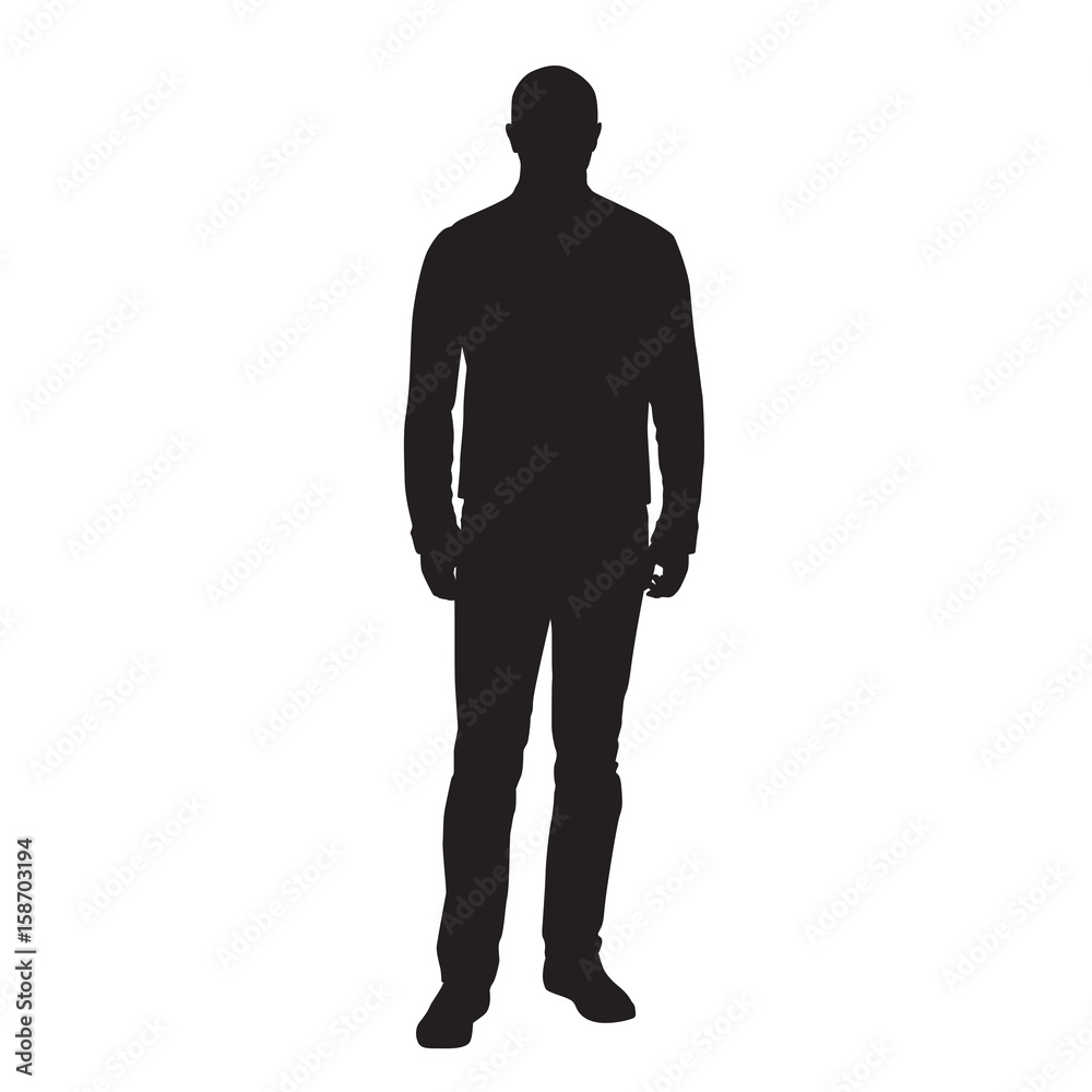 Man standing and waiting, front view, vector silhouette