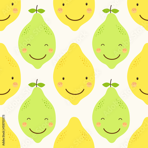 Cute seamless patterns of citrus fruits characters: lemon and lime with simple textures of friendly colors