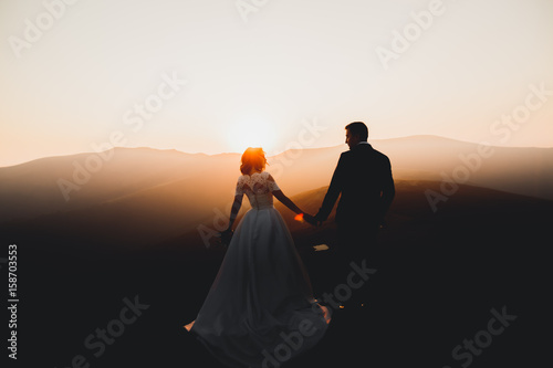 Happy beautiful wedding couple bride and groom at wedding day outdoors on the mountains rock. Happy marriage couple outdoors on nature, soft sunny lights photo