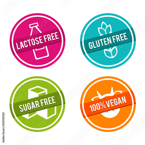 Set of Allergen free Badges. Lactose free, Gluten free, Sugar free, 100% Vegan. Vector hand drawn Signs. Can be used for packaging Design.