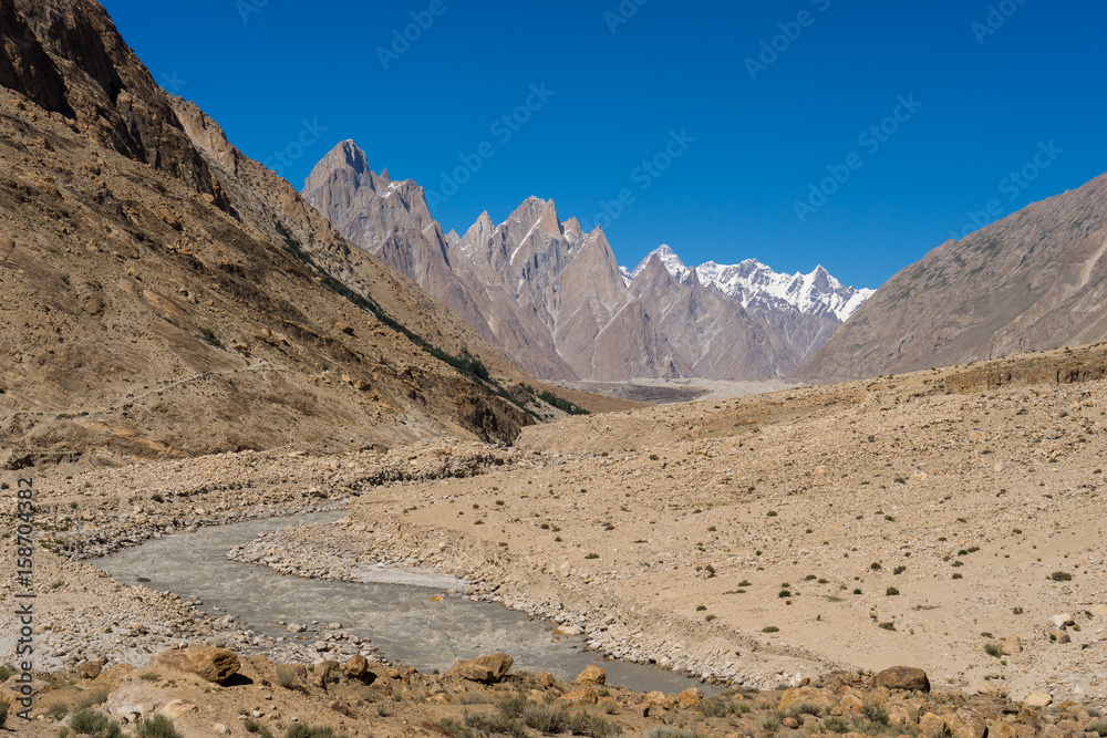 Fototapeta premium Landscape of Trango tower family, Lobsang spire and river, K2 trek, Skardu, Pakistan