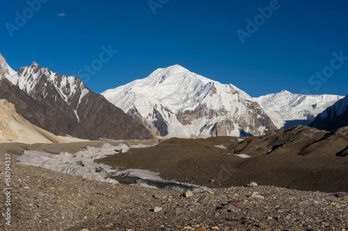Baltoro Kangri mountain behind Baltoro glacier, Concordia camp, K2 trek, Skardu, Pakistan