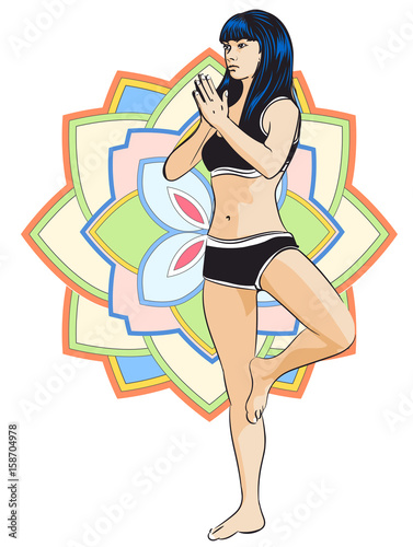 Woman doing yoga exercises. Mandala on the background. Vector image.