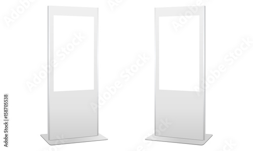 White digital signage stands and touch screens. Mockups for create design your products with multi-media. Vector illustration