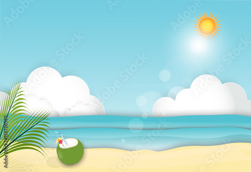 Summer Time background, Sea and Beach paper art style