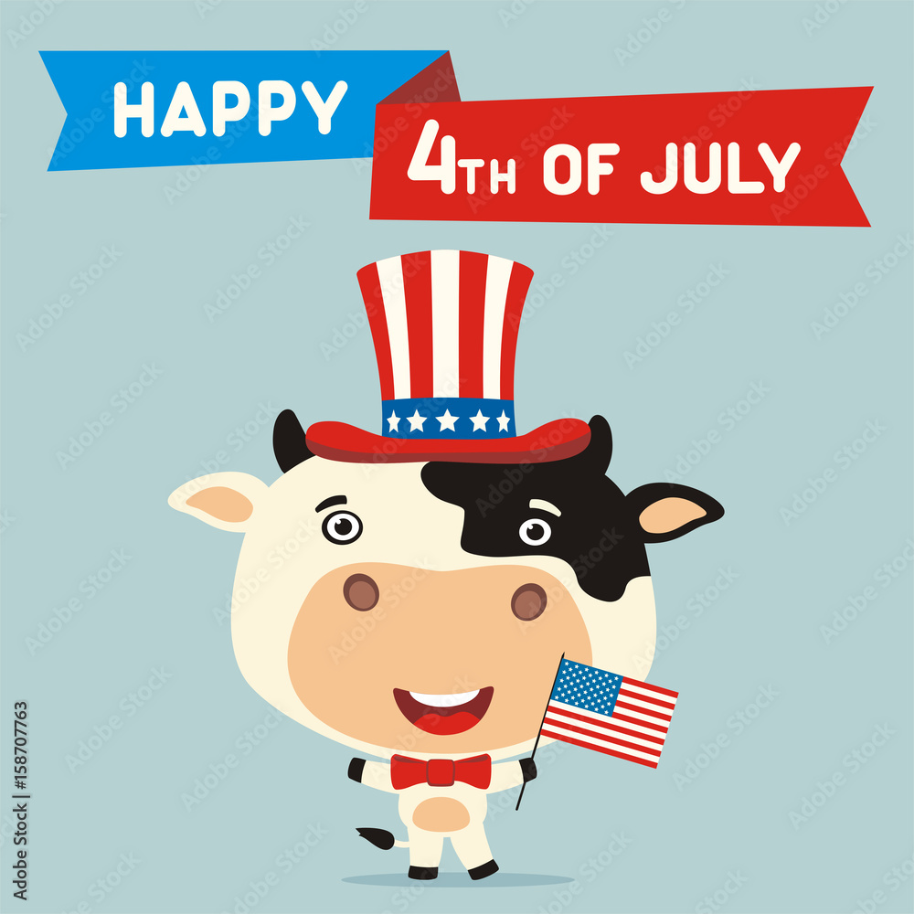 Happy 4th of july! Funny cow with flag USA for independence day. Greeting  card for independence day USA with cartoon cow. Stock Vector | Adobe Stock