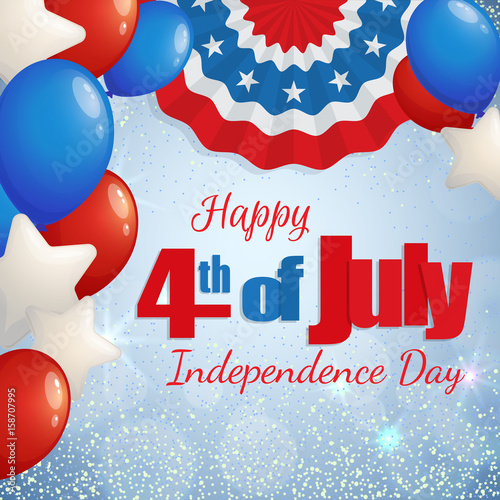 Happy 4th of July, Independence Day greeting card with baloons and paper patriotic bunting. Happy July Fourth. Vector.