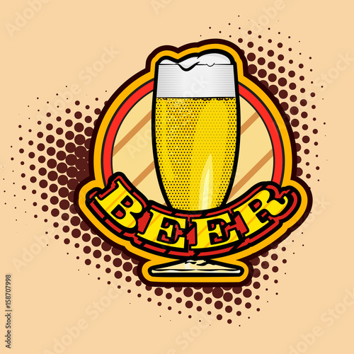 Beer glass and halftone dots background. Vector image.