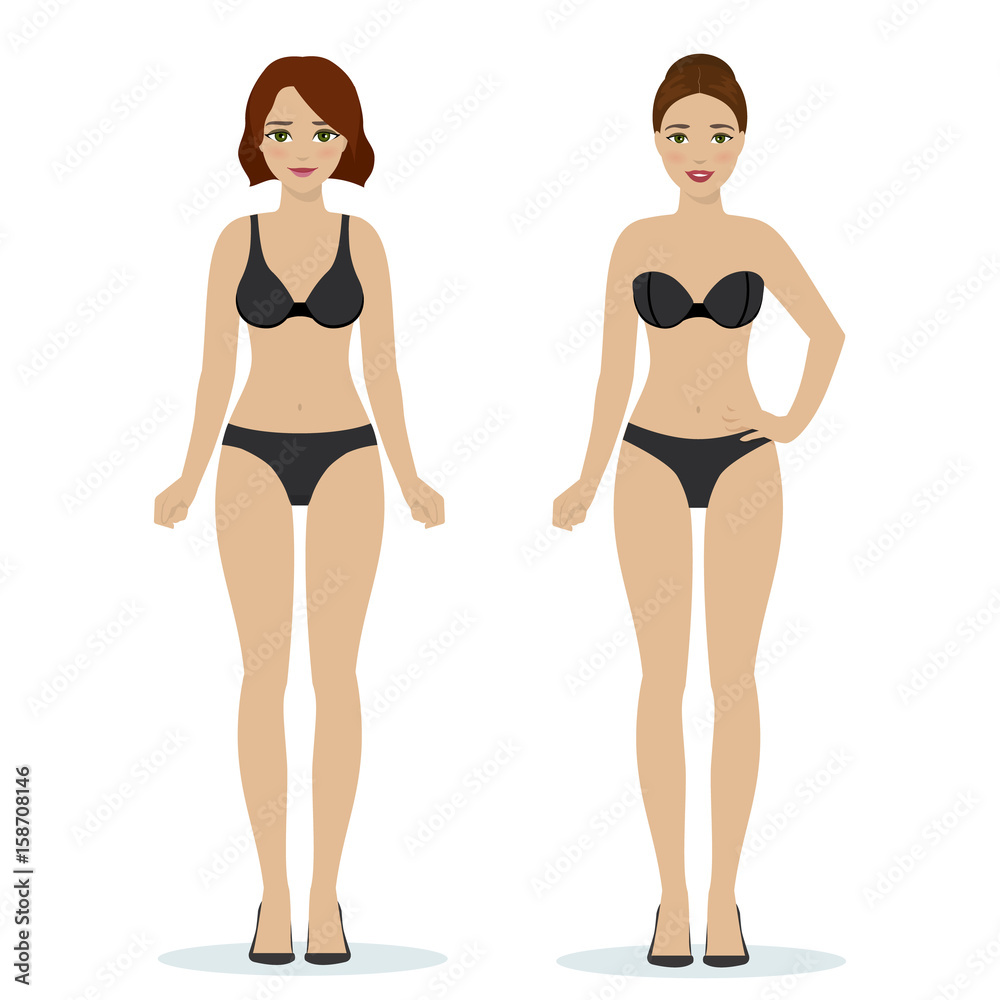 Girls in black underwear, black bras and panties, colorful flat illustration of women underwear. Vector