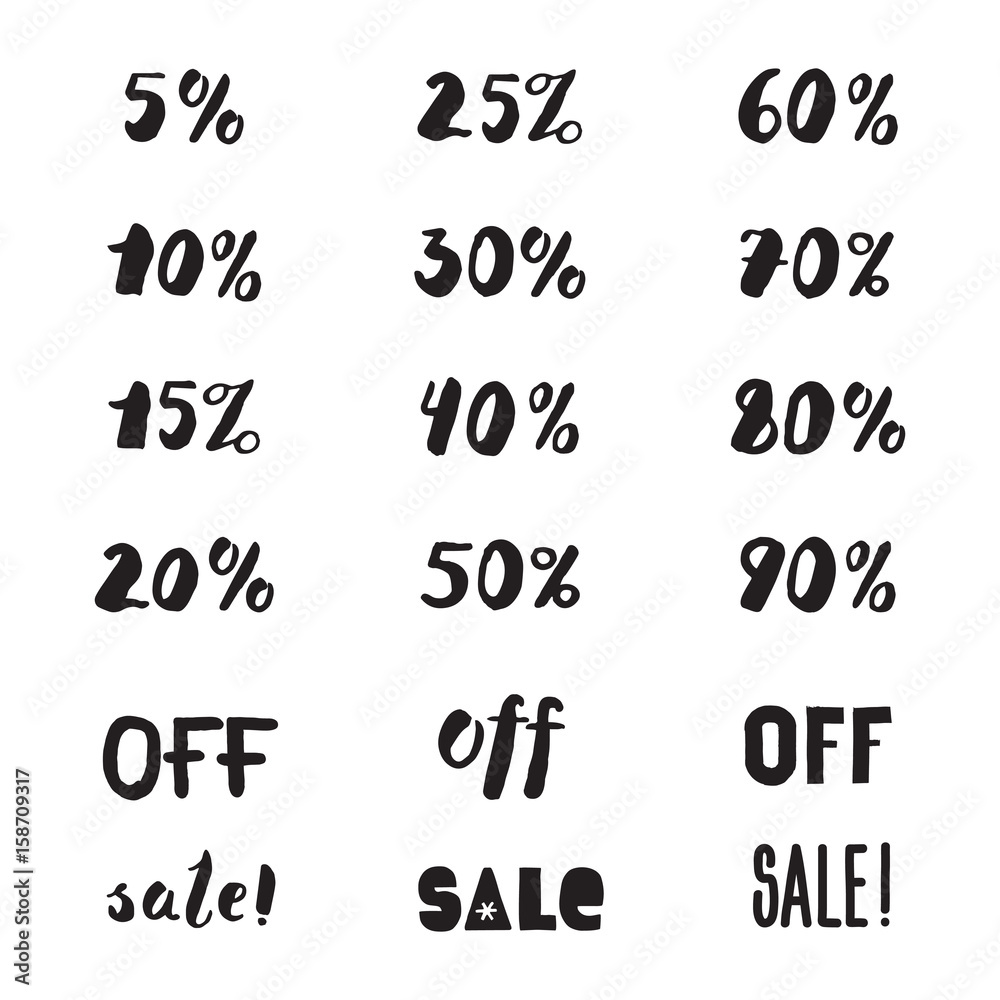 Handwritten ink sale lettering with percents set (black). Handwritten ink sale lettering with percents set (black).