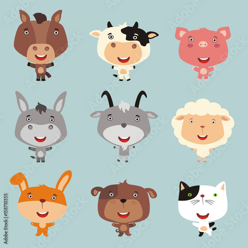 Fototapeta Naklejka Na Ścianę i Meble -  Vector set farm animals in cartoon style. Collection isolated farm animals: horse, cow, pig, donkey, goat, sheep, rabbit, dog, cat.