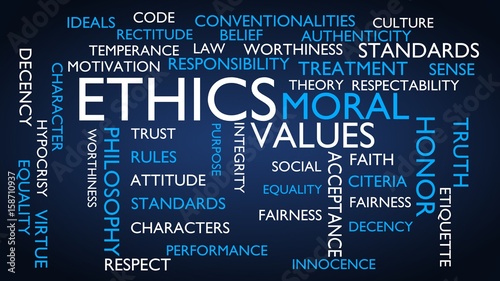 Ethics, moral, values word tag cloud. 3D rendering, blue variant. photo
