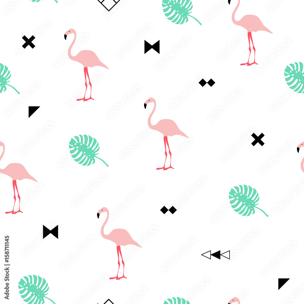 Fototapeta premium Summer seamless pattern with pink flamingos. Memphis style with geometric elements and plants. Vector illustration