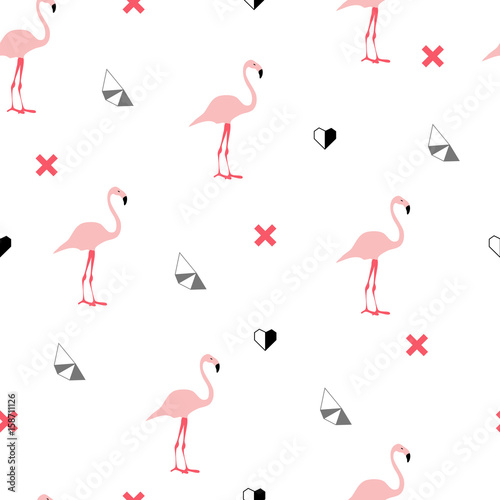 Summer seamless pattern with pink flamingos. Memphis style with geometric elements and plants. Vector illustration