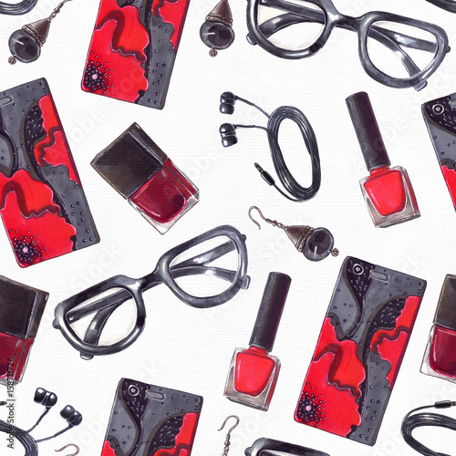 Bright illustration with fashion seamless pattern with black and red accessories in tileable design. Hand drawn hipster eyeglasses, nail polish bottle, phone case, headphones and earrings on white