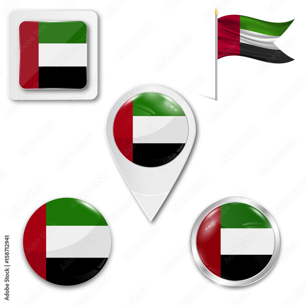 Set of icons of the national flag of United Arab Emirates in different designs on a white background. Realistic vector illustration. Button, pointer and checkbox. Set of icons of the national flag of United Arab Emirates in different designs on a white background. Realistic vector illustration. Button, pointer and checkbox.