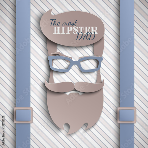 Happy Fathers Day card design for male event, banner, poster. Striped beige background with suspenders, paper cut hipster men's face silhouette with beard, mustache, blue glasses. Vector illustration