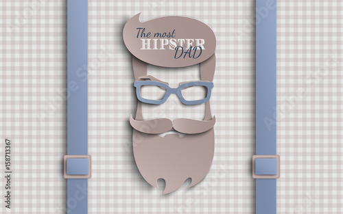 Happy Fathers Day card design for male event, banner or poster. Checkered beige background with suspenders, paper cut hipster men's face silhouette with beard, mustache, glasses. Vector illustration