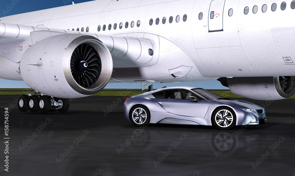 Fototapeta premium Sportcoupe vor dem Strahltriebwerk eines Verkehrsflugzeugs auf dem Vorfeld eines Flughafens
