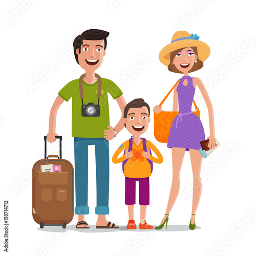 Journey, trip, vacation. Happy family travels. Cartoon vector illustration