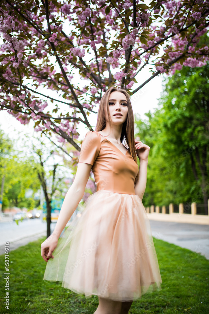 Spring beauty girl near Blooming sakura tree. Romantic young woman portrait Spring beauty girl near Blooming sakura tree. Romantic young woman portrait